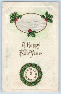 Randolph Nebraska NE Postcard New Year Holly Berries Wreath Embossed 1915 Posted