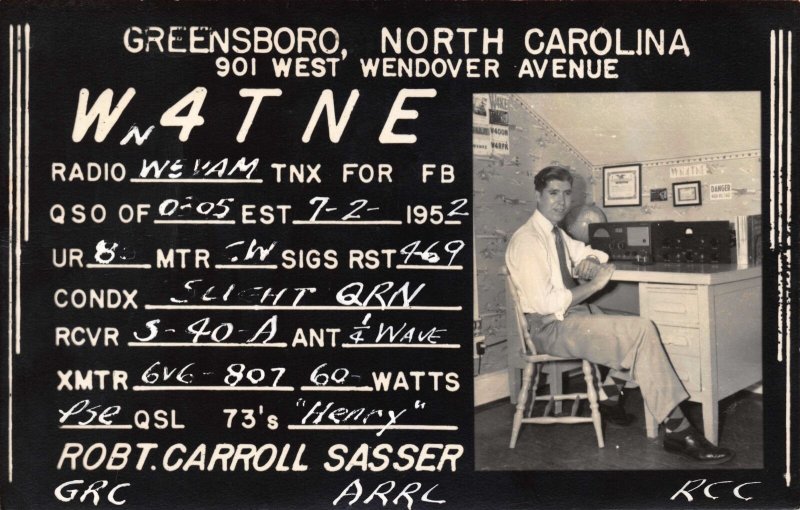 Real Photo Postcard WN4TNE Ham Radio Operator Greensboro, North Carolina~112521 