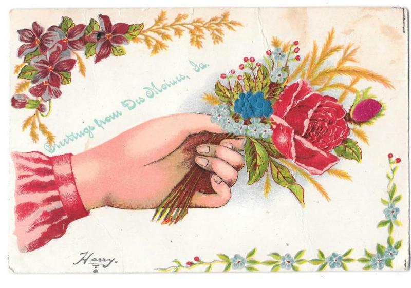 Greetings from Des Moines IA Hand w Silk Rosebud Postcard