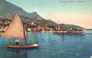 Vintage Postcard Gardone Riviera Panorama Boats And Ships Pier Italy