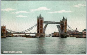 c1910s London England Tower Bridge Postcard Open Bascules River Thames Litho