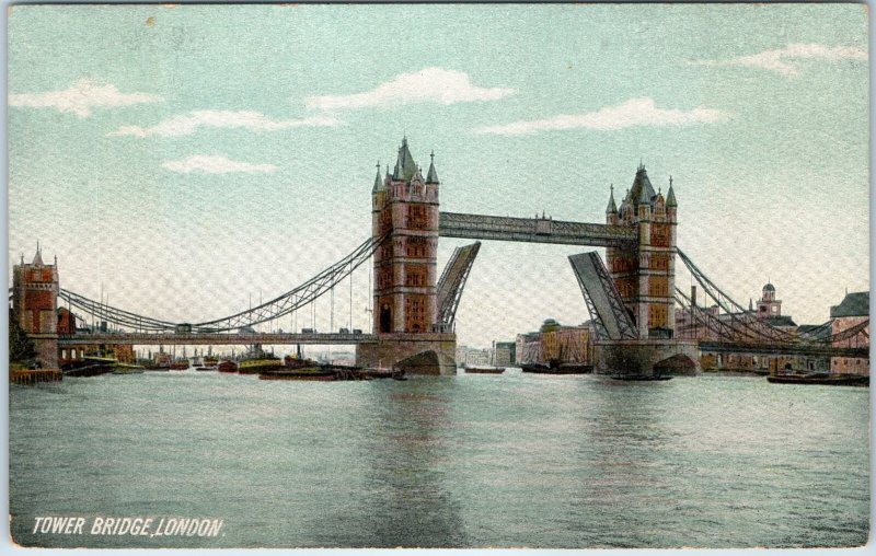 c1910s London England Tower Bridge Postcard Open Bascules River Thames Litho