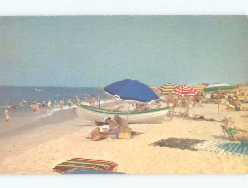 1950's LIFEGUARD BOAT & UMBRELLAS ON BEACH Postmarked Atlantic City NJ d7645