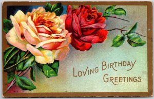 Birthday Greetings & Wishes, Red Yellow Roses Flower, Embossed, Vintage Postcard