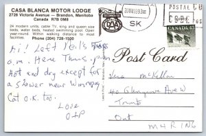Casa Blanca Motor Lodge, Motel, Brandon, Manitoba, Vintage 1993 Chrome Postcard