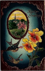 c1910 HEARTY GREETINGS BIRDS FLOWERS CHURCH SCENE EMBOSSED POSTCARD 20-237