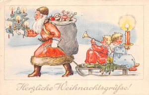 German Christmas Greetings Santa Claus with Children on Sled Postcard AA74817