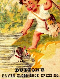 c1880s Raven Gloss Shoe Dressing Trade Card Button Ottley Dog Fishing Child C53