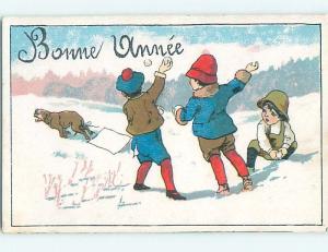 Pre-Linen foreign BAD FRENCH BOYS THROWING SNOWBALLS AT HELPLESS DOG HL7372