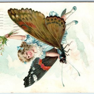 1911 Raphael Tuck Cute Girl Ride Fly Butterfly Dragonfly Embossed Birthday A192