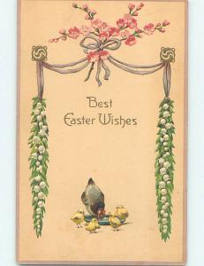 Unused Div-Back Easter CHICKS AT WATER DISH & LILY OF VALLEY FLOWERS o6659@