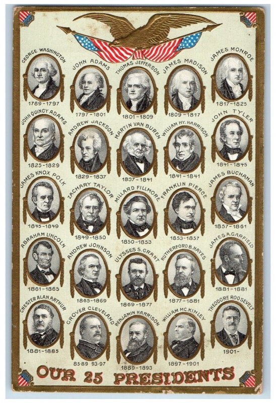 Faces Of 25 Presidents Postcard United States Flag Patriotic Embossed c1910's