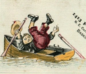 1870's Engraved Baskins' Oysters Comical Boy Falling In Boat P165