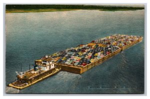 Barge Shipping Automobiles Down Mississippi River UNP Linen Postcard V3
