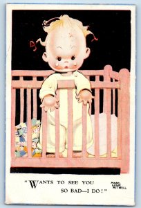 Mabel Lucie Atrwell Signed Postcard Crying Baby In Crib Wants To See You So Bad