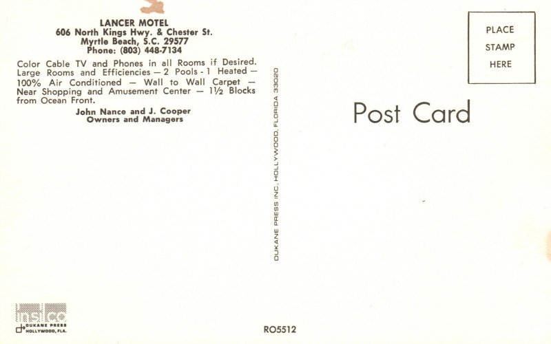 Vintage Postcard Lancer Motel John Nance & J. Cooper Myrtle Beach South Carolina