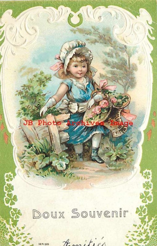 Doux Souvenir, Sweet Memory, Girl Carrying Wicker Basket of Roses 