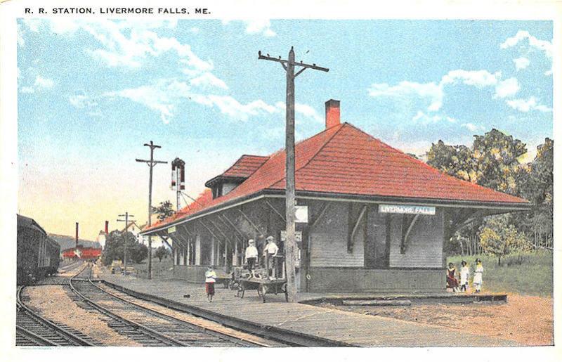 Busy Scene at Livermore Falls ME Railroad Station Train Depot Postcard