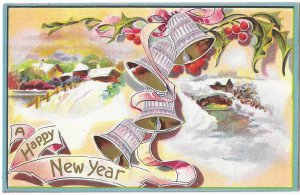 A Happy New Year Holly Bells Snow Scene Embossed