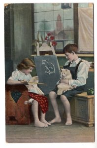 Girl and Boy  with Blackboard Teaching Cats with Pointer, Used 1914