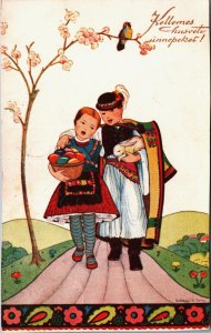 Happy Easter Czech Children With Easter Eggs And Bunny Vintage Postcard C216