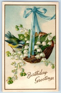 1909 Birthday Greetings Bird And Flowers On Basket Clapsaddle Embossed Postcard