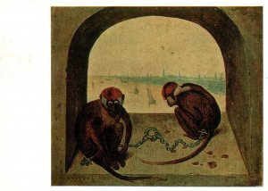 VINTAGE CONTINENTAL SIZE POSTCARD EASTERN EUROPE ART ON A CARD - MONKEYS CHAINS