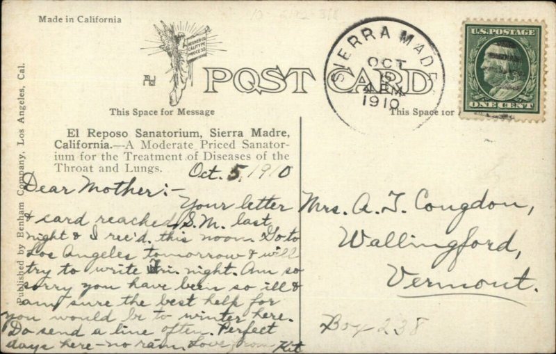 Sierra Madre CA El Reposo Sanatorium c1910 Postcard