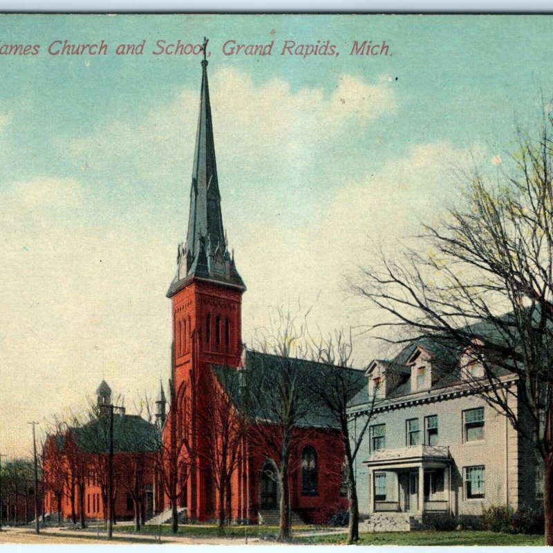 c1910s Grand Rapids, MI St James Church & School Litho Photo Postcard A120