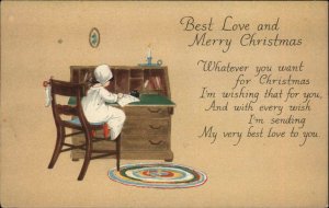 Christmas Little Girl Writing Antique Writing Desk Nightcap Vintage Postcard