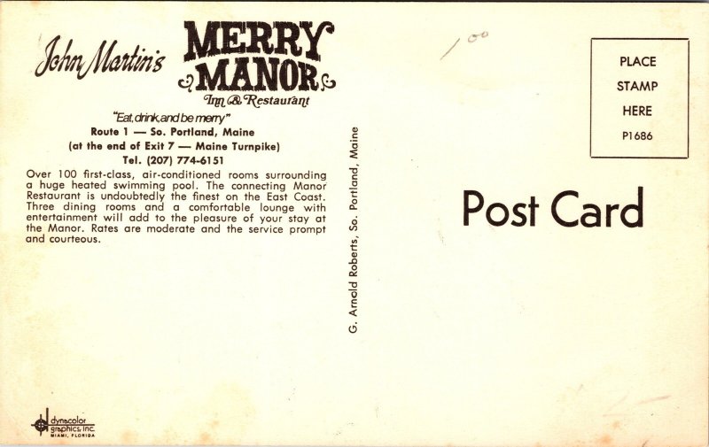 Postcard Maine Portland Merry Manor Inn & Restaurant Swimming Pool 1960s V181