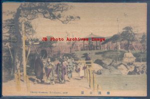 Japanese Wood Postcard, Yokohama Park with Cherry Blossoms