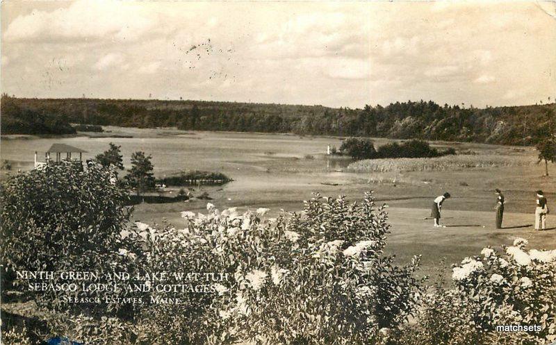 1941 SEBASTCO ESTATES MAINE Ninth Green Lodge Cottages RPPC real photo golf 3941