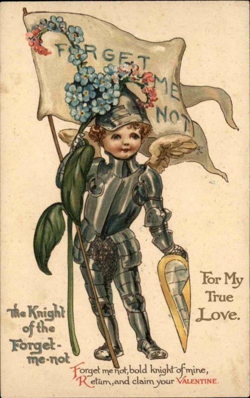 Nister Valentine Fantasy Little Boy Knight with Flowers c1910 Vintage Postcard