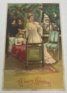 Santa in White Coat w Bell Tree Mother Daughter Embossed Christmas Postcard 1907