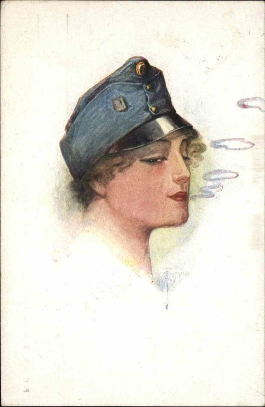 Beautiful Woman in Military Hat Smoking? Smoke Rings c1915 Postcard