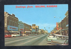 GREETINGS FROM SALINA KANSAS DOWNTOWN STREET SCENE OLD CARS VINTAGE POSTCARD