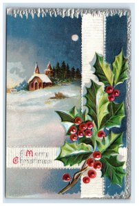 Vintage Moonlight Winter Scene Holly Christmas Postcard F108E