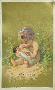 1880's Cute Baby Cherub Dolly Likes Beer Victorian Trade Card P115