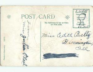 Pre-Linen easter COLORED EGGS IN ANTIQUE CERAMIC BASKET WITH RIBBON k2685