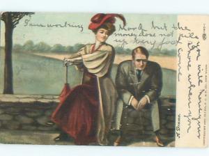 Pre-Linen signed COUPLE SITTING ON STONE WALL AB8202