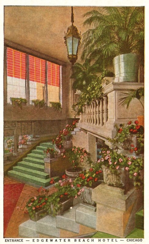 Vintage Postcard Entrance Edgewater Beach Hotel Staircase Chicago Illinois ILL