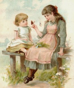 1880s W. Hagelberg Christmas Card Adorable Children & Butterfly 3C