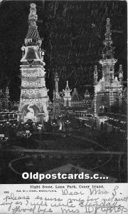 Night Scene, Luna Park Coney Island, NY, USA Amusement Park 1906 writing on f...