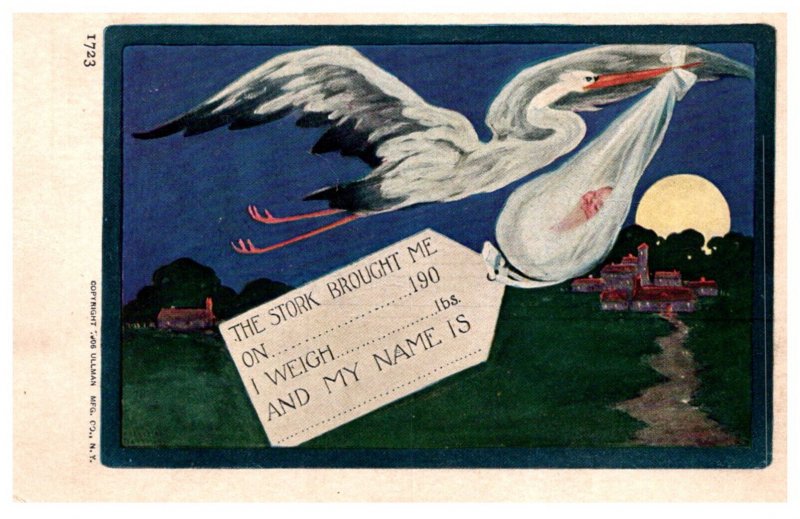 Stork carring Baby , card to right info