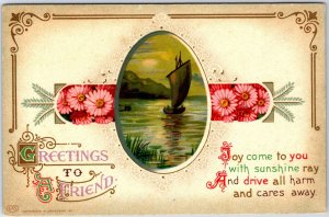 VINTAGE POSTCARD GREETINGS TO A FRIEND SAILING YACHT PRINTED GERMANY c. 1900s