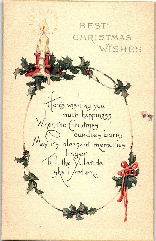 c1920 BEST CHRISTMAS WISHES CANDLE HOLLY BELIOT KANSAS POSTCARD 41-12