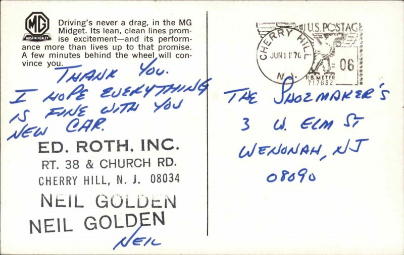 Cherry Hill NJ MG Midget Advertising Ed Roth Car Dealership c1970 Postcard
