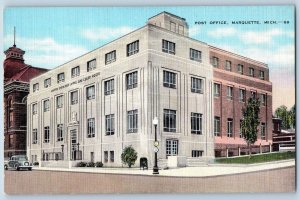 Marquette Michigan MI Postcard Post Office Building Exterior c1940's Antique Car