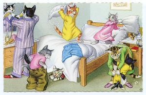 Mainzer Dressed Cats-Kitties-#4856-Family Bed Time-Pill